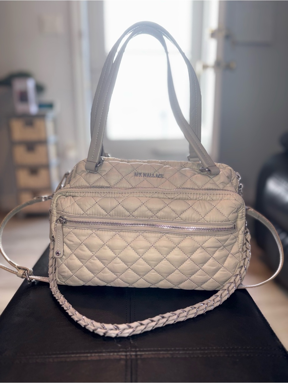 MZ Wallace Crosby Quilted Cream Shoulder Bag or Crossbody with multi straps.